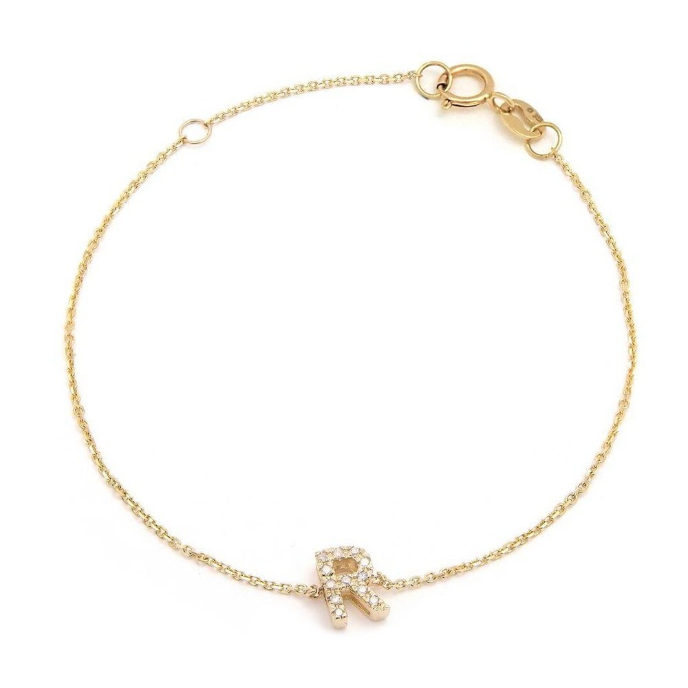 14K Real Yellow Gold  Initial ”R” Single Prong Diamond Bracelet 7+1″